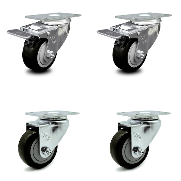 3.5 Inch Black Polyurethane Wheel Swivel Top Plate Caster Total Lock Brake, 2PK